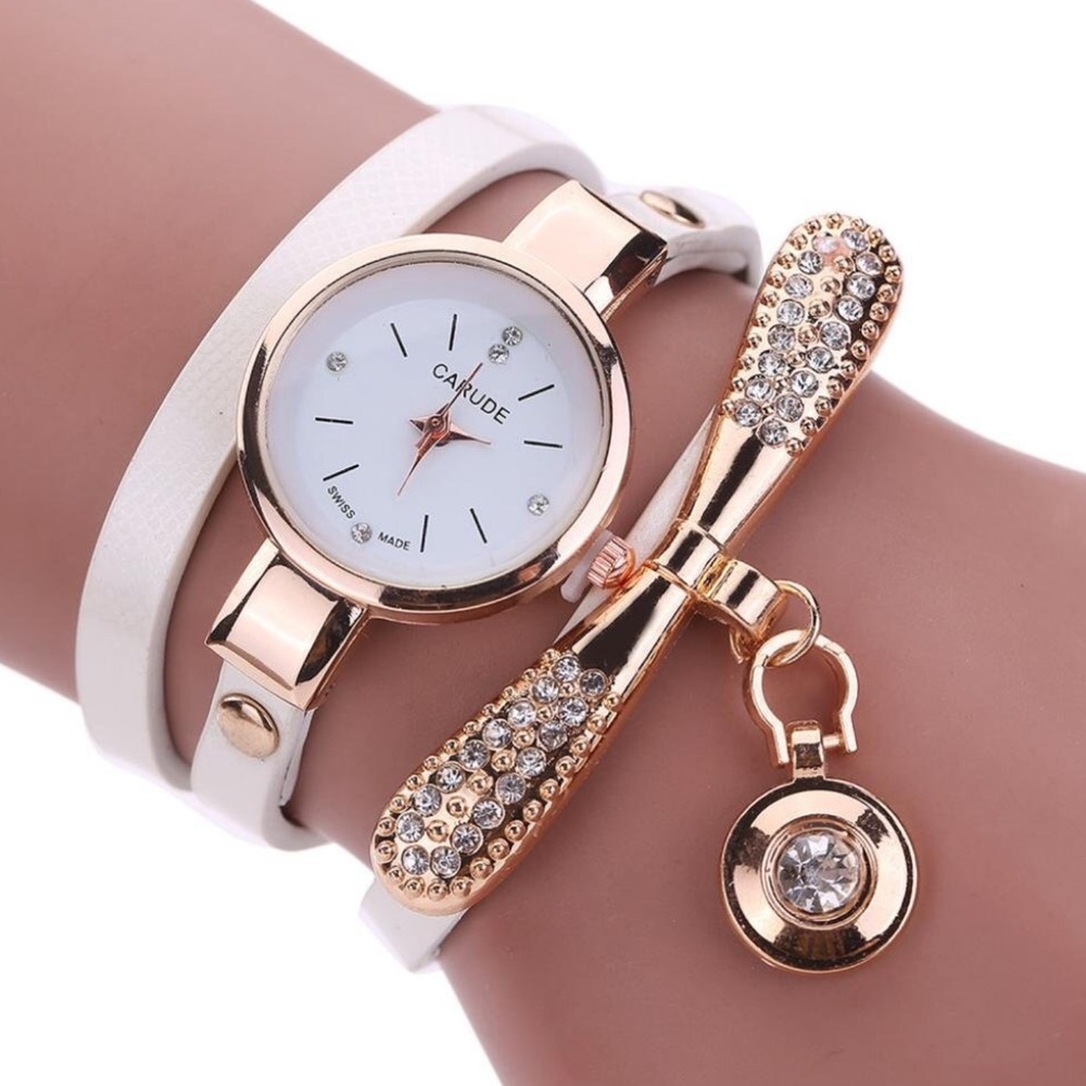 Women Leather Rhinestone Quartz Wrist Watch white